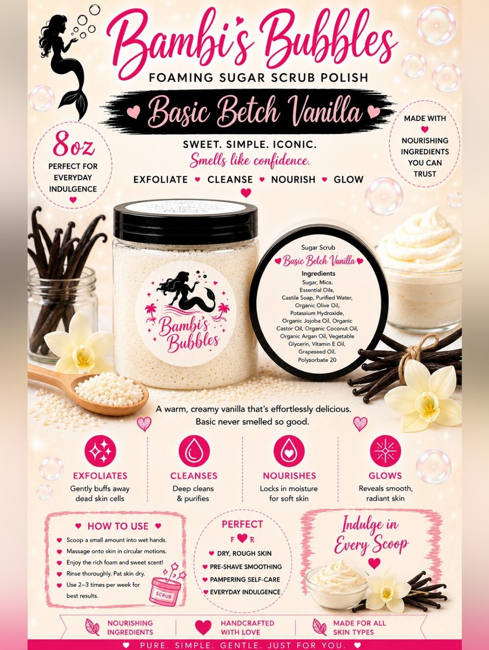 8oz New! Basic Betch Vanilla Foaming Sugar Scrub Polish